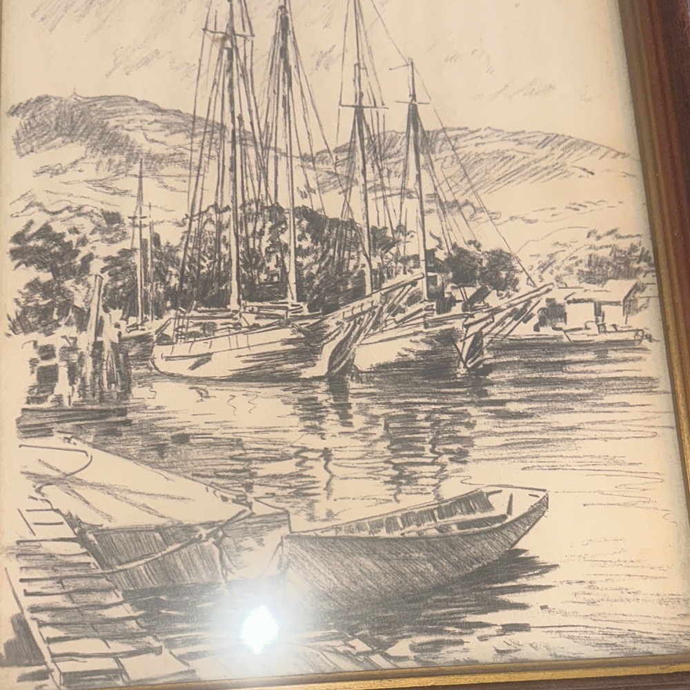 Framed Nautical Sketch Art in Black and White